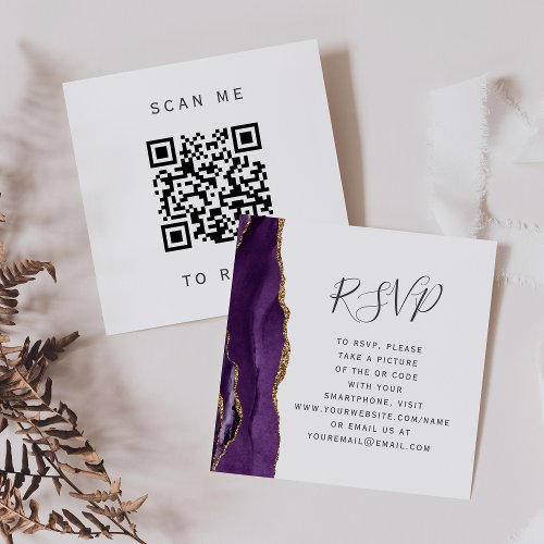 Purple Gold Agate Wedding QR Code RSVP Enclosure Card