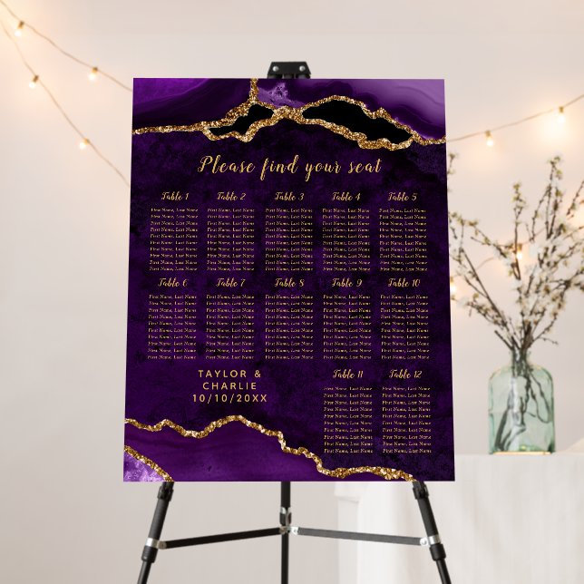 Purple Gold Agate Wedding Seating Chart 12 Table Foam Board (In Situ (Stand))
