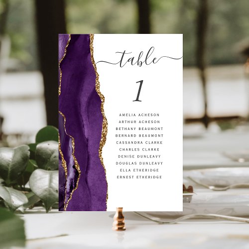 Purple Gold Agate Wedding Table Number