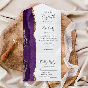 Purple Gold Agate Whimsical Script Wedding All In One Invitation