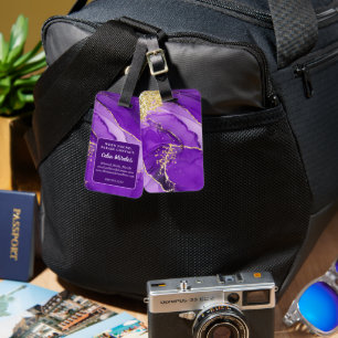 Purple Gold Alcohol Ink Personalized Custom Info  Luggage Tag