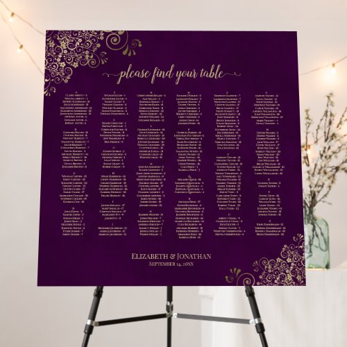 Purple  Gold Alphabetical Wedding Seating Chart Foam Board