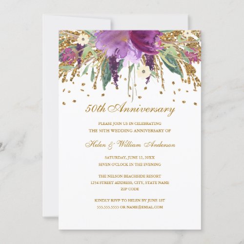 Purple Gold Amethyst Floral 50th Anniversary Invitation