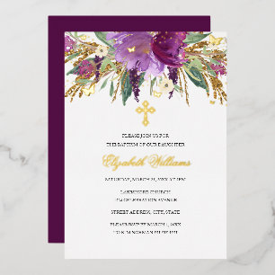 Purple Gold Amethyst Floral Girl Baptism Foil Invitation