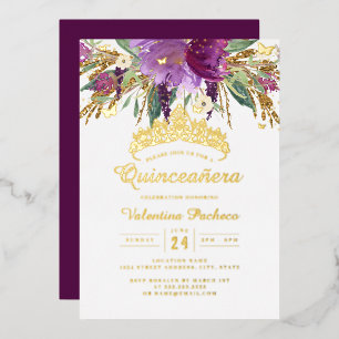 Purple Gold Amethyst Floral Quinceanera Foil Invitation