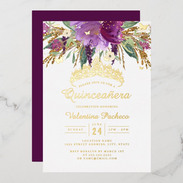 Purple Gold Amethyst Floral Quinceanera  Foil Invitation (Front/Back)