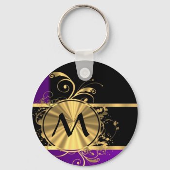 Purple Gold And Black Monogram Keychain by monogramgiftz at Zazzle