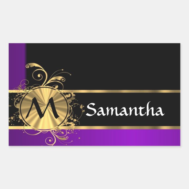 Purple gold and black monogram rectangular sticker (Front)