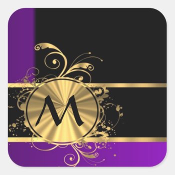 Purple Gold And Black Monogram Square Sticker by monogramgiftz at Zazzle