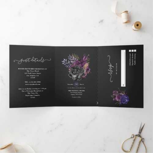 Purple Gold and Black Shabby Floral Wedding Tri_Fold Invitation