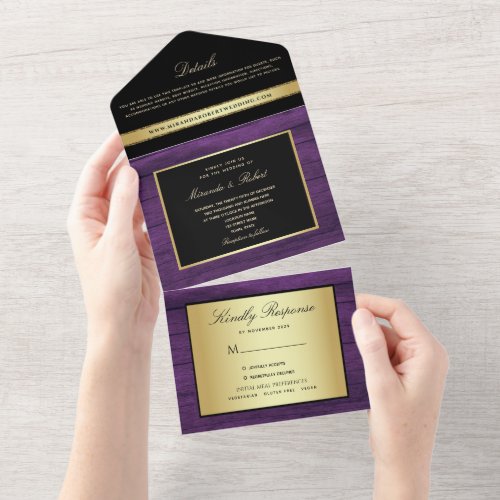 Purple Gold and Black Wedding All In One Invitation