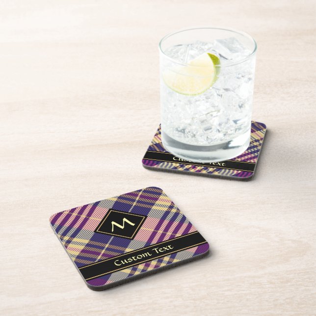 Purple, Gold and Blue Tartan Beverage Coaster (Right Side)