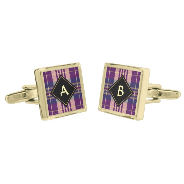 Purple, Gold and Blue Tartan Cufflinks (Angled)