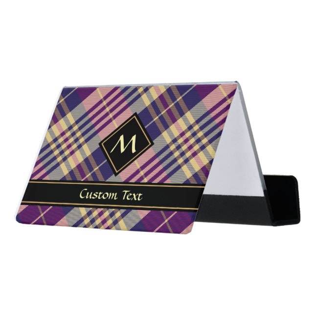 Purple, Gold and Blue Tartan Desk Business Card Holder (Angled Back)