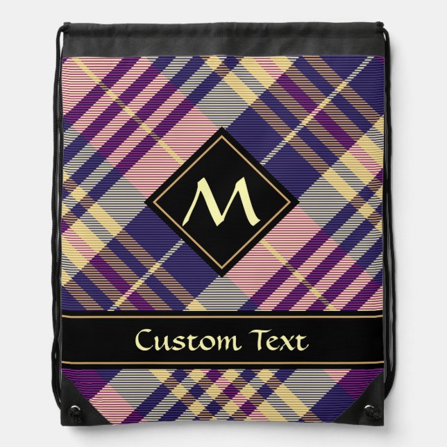 Purple, Gold and Blue Tartan Drawstring Bag (Front)