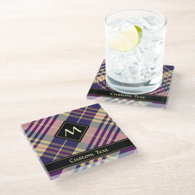 Purple, Gold and Blue Tartan Glass Coaster (Angled)