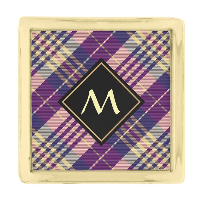 Purple, Gold and Blue Tartan Gold Finish Lapel Pin (Front)