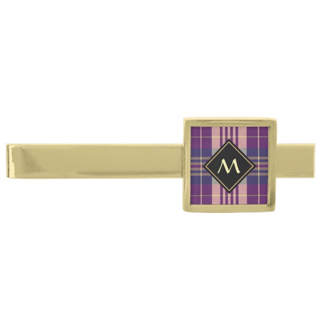 Purple, Gold and Blue Tartan Gold Finish Tie Bar (Front)