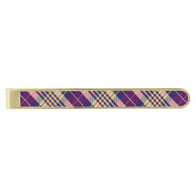 Purple, Gold and Blue Tartan Gold Finish Tie Bar (Front)