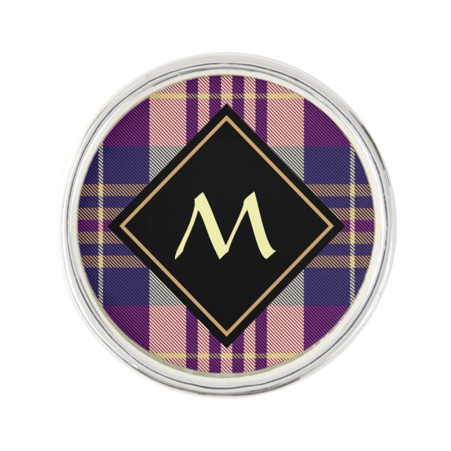 Purple, Gold and Blue Tartan Lapel Pin (Front)