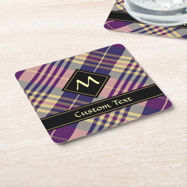Purple, Gold and Blue Tartan Square Paper Coaster (Angled)