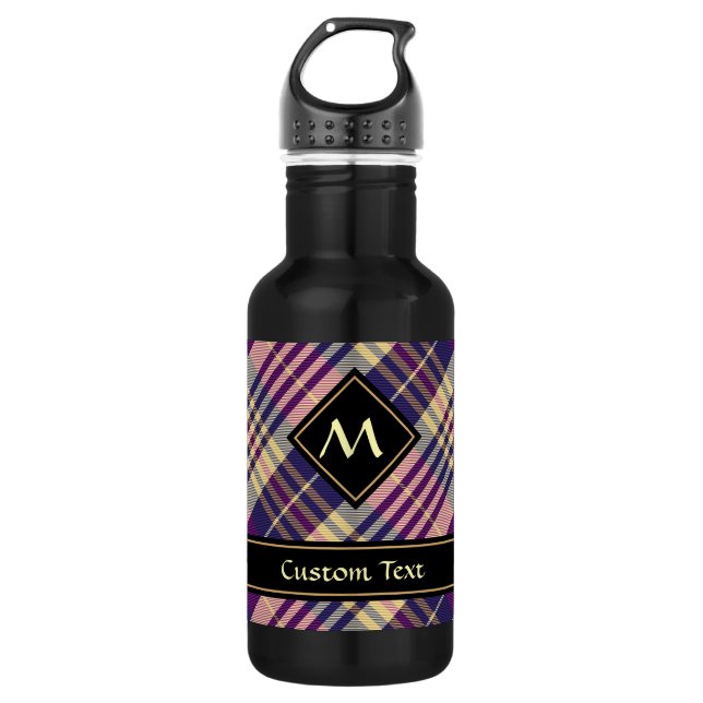 Purple, Gold and Blue Tartan Stainless Steel Water Bottle (Front)