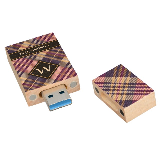Purple, Gold and Blue Tartan Wood Flash Drive (Angled)