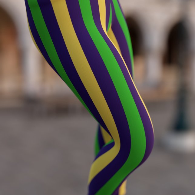 Purple Gold and Green Striped Mardi Gras Leggings (Celebrate Fat Tuesday in style in a pair of Purple Gold and Green Striped Mardi Gras Leggings)