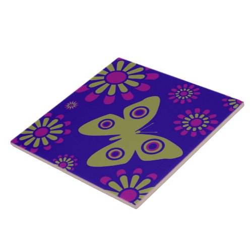 Purple Gold And Hot Pink Modern Floral Butterfly Tile