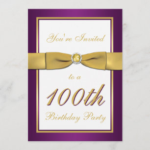 Purple, Gold, and White 100th Birthday Invitation