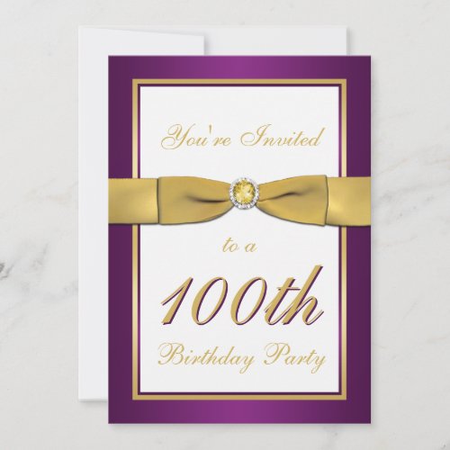 Purple Gold and White 100th Birthday Invitation