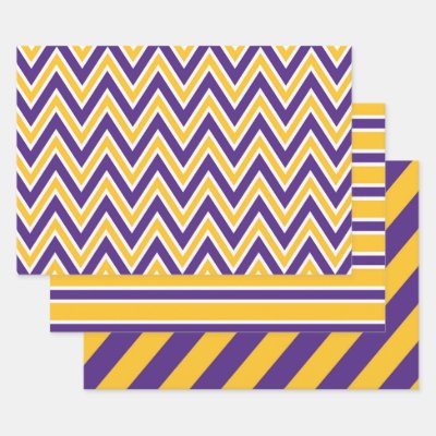 Purple, Gold, and White Chevron &amp; Stripe Pattern Wrapping Paper Sheets