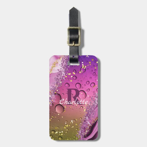 Purple Gold and White Ombre Monogram  Ocean Luggage Tag