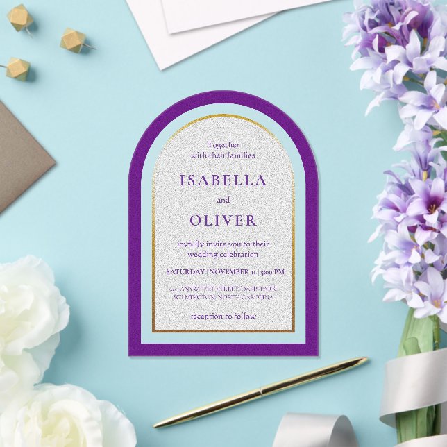 Purple gold and white simplistic wedding acrylic invitations (Insitu (Wedding))