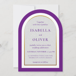 Purple gold and white simplistic wedding invitation