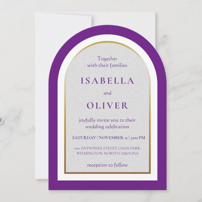 Purple gold and white simplistic wedding invitation (Front)