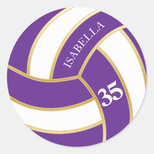 Purple Gold and White Volleyball_ Personalize Classic Round Sticker
