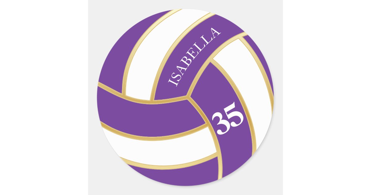 Purple, Gold and White Volleyball- Personalize Classic Round Sticker ...