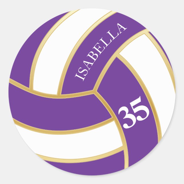 Purple, Gold and White Volleyball- Personalize Classic Round Sticker (Front)