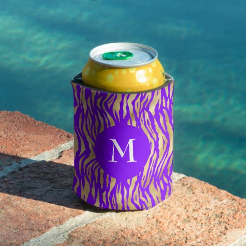 Purple Gold Animal Print Chic Glam Monogram Name Can Cooler