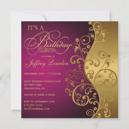 Purple &amp; Gold Any Age Birthday Party Invitation