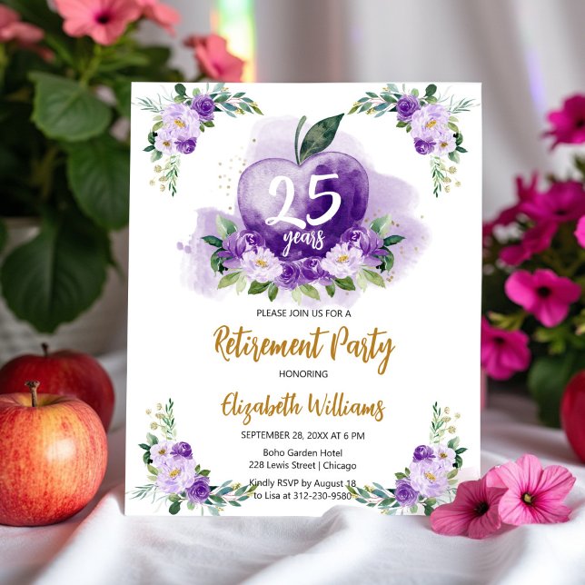 Purple Gold Apple Floral Teacher Retirement Party (Creator Uploaded)