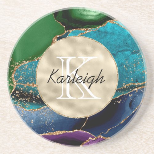 Purple Gold Aqua Green Monogram        Coaster