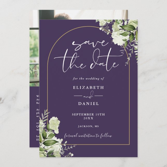 Purple Gold Arch Floral Photo QR Code Wedding Save The Date (Front/Back)