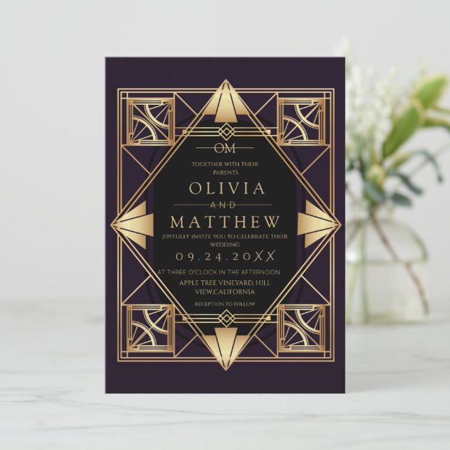 Purple & Gold Art Deco Wedding Invitation  (Standing Front)