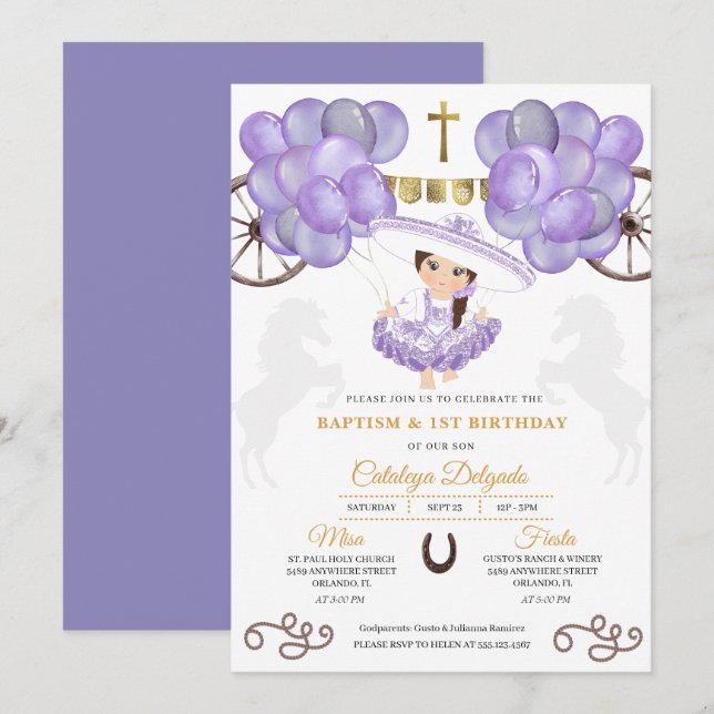 Purple & Gold Baby Charra Dress Balloons Baptism Invitation (Front/Back)