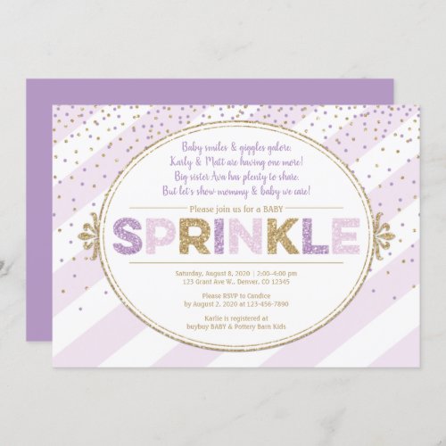 purple gold baby sprinkle invitation girl glitter