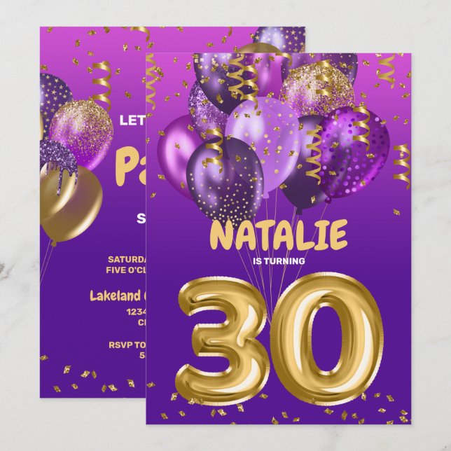 Purple Gold Balloons 30th Birthday Party Invitation (Front/Back)