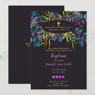 Purple Gold Baptism Invite Floral Leaves