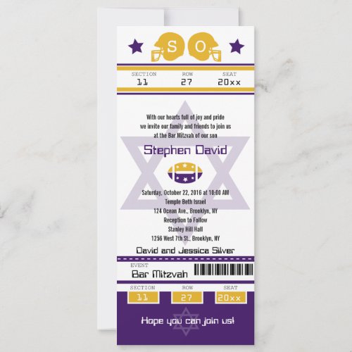 Purple Gold Bar Mitzvah Football Ticket Invitation